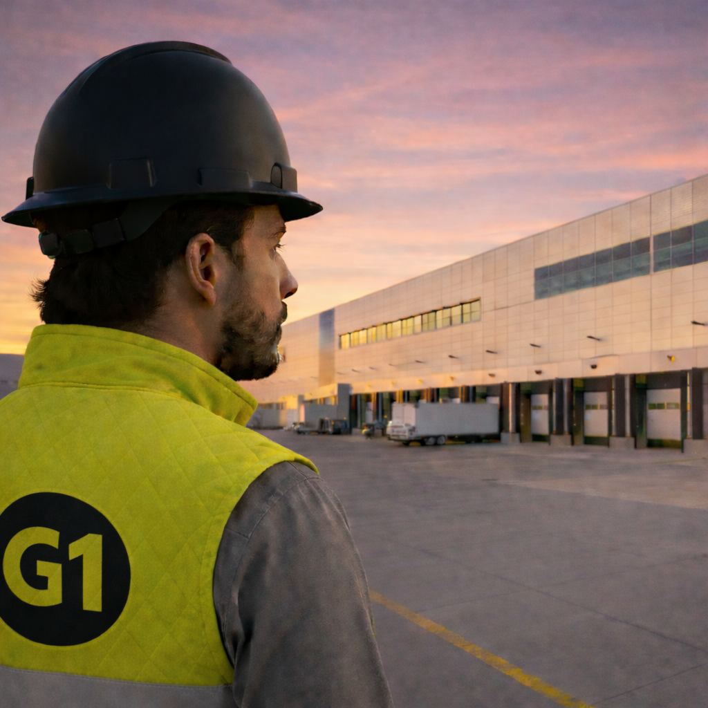 Colaborador G1 frente a nave industrial al atardecer