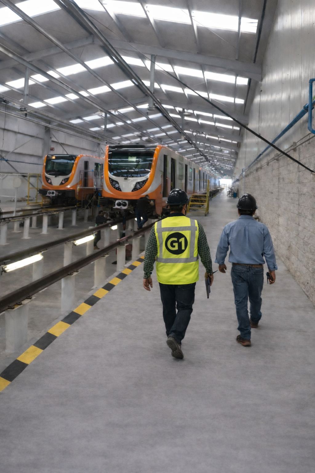 Colaborador G1 supervisando planta de fabricación de trenes